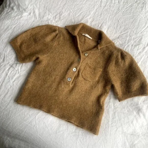 Doen Mila Alpaca Wool Button Collar Puff Short Sleeve Knit Sweater Top Hazelnut - Picture 7 of 14